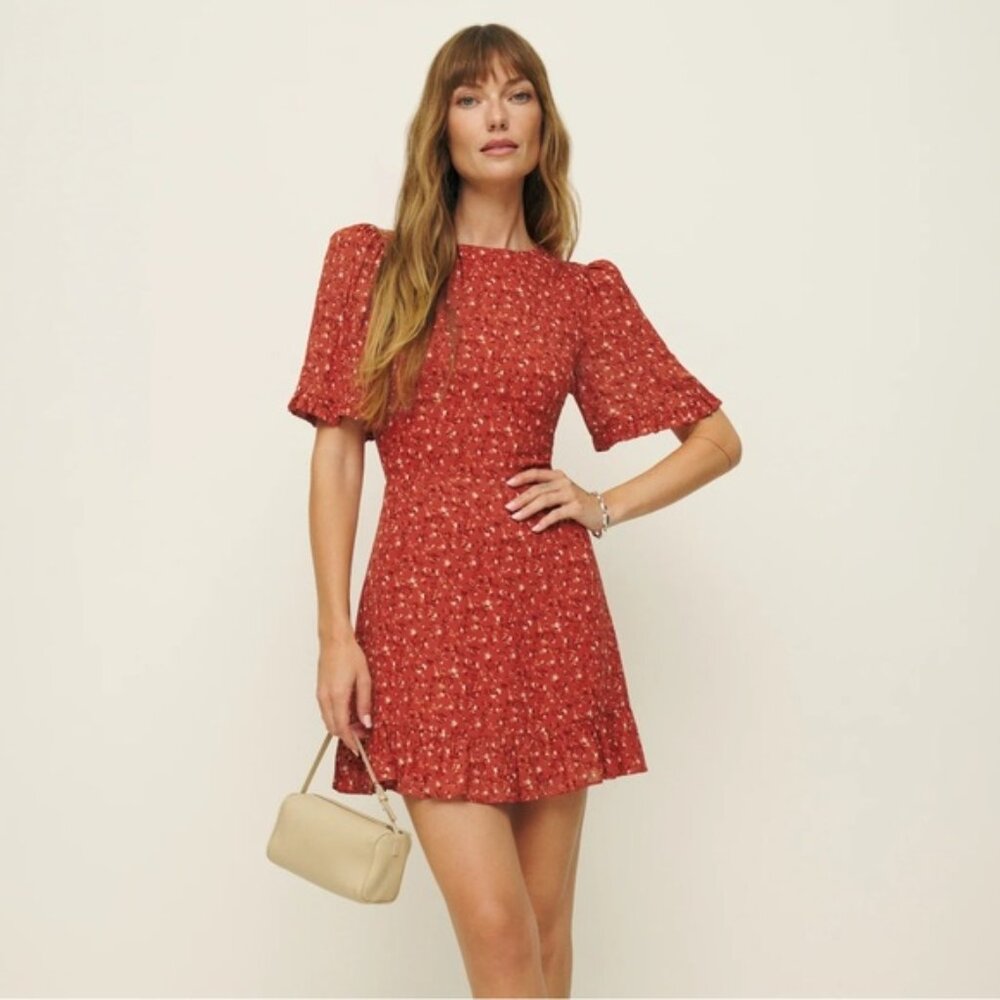 EUC Reformation Alaina Floral Mini Dress, Size 4, Red/Orange